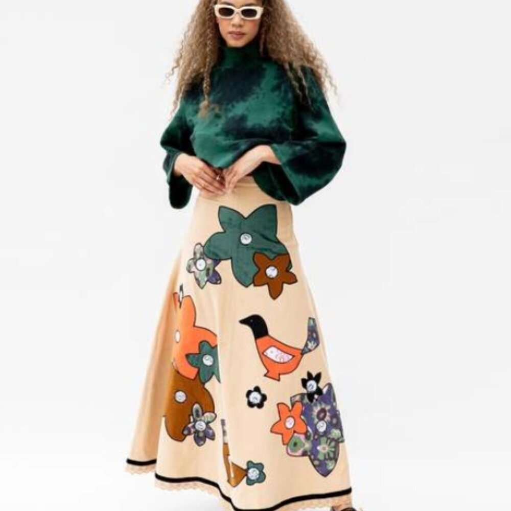 ERL Beige Cotton Corduroy Multicolor Appliqué Maxi Skirt XS $620